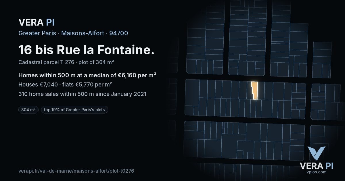 16 bis Rue la Fontaine, Maisons-Alfort at night – the plot lit, the parcels around coloured by the prices near them