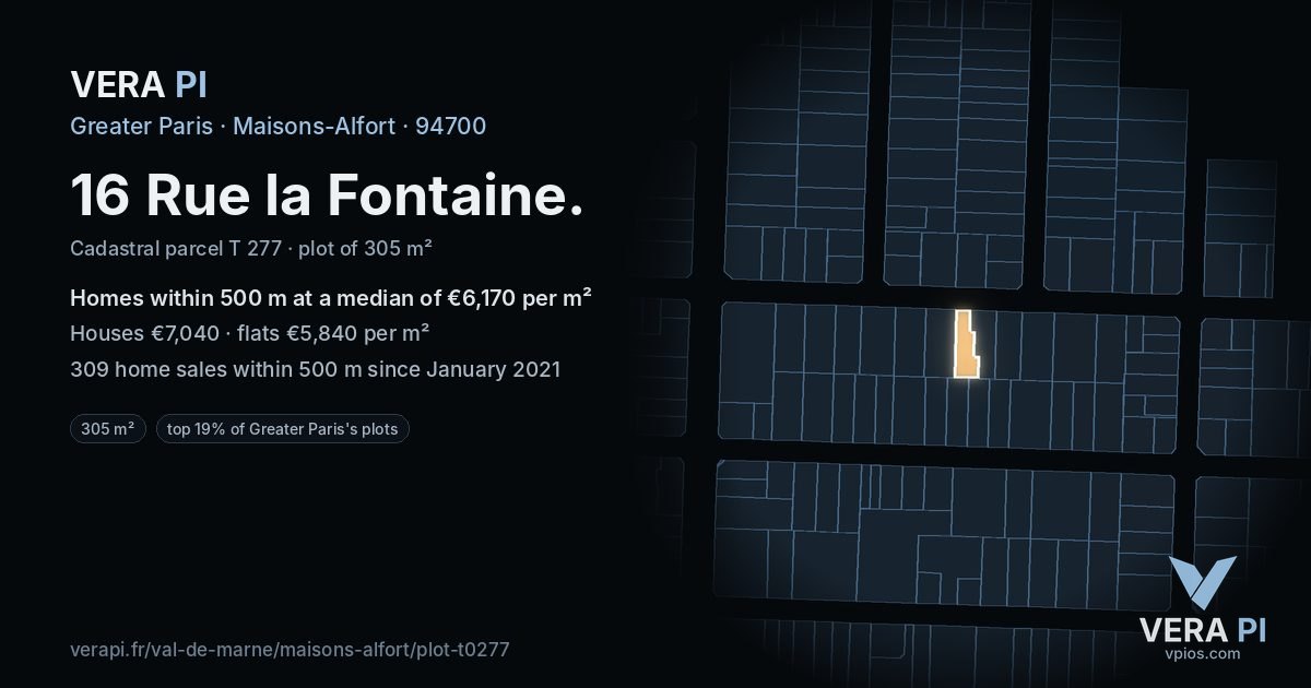 16 Rue la Fontaine, Maisons-Alfort at night – the plot lit, the parcels around coloured by the prices near them
