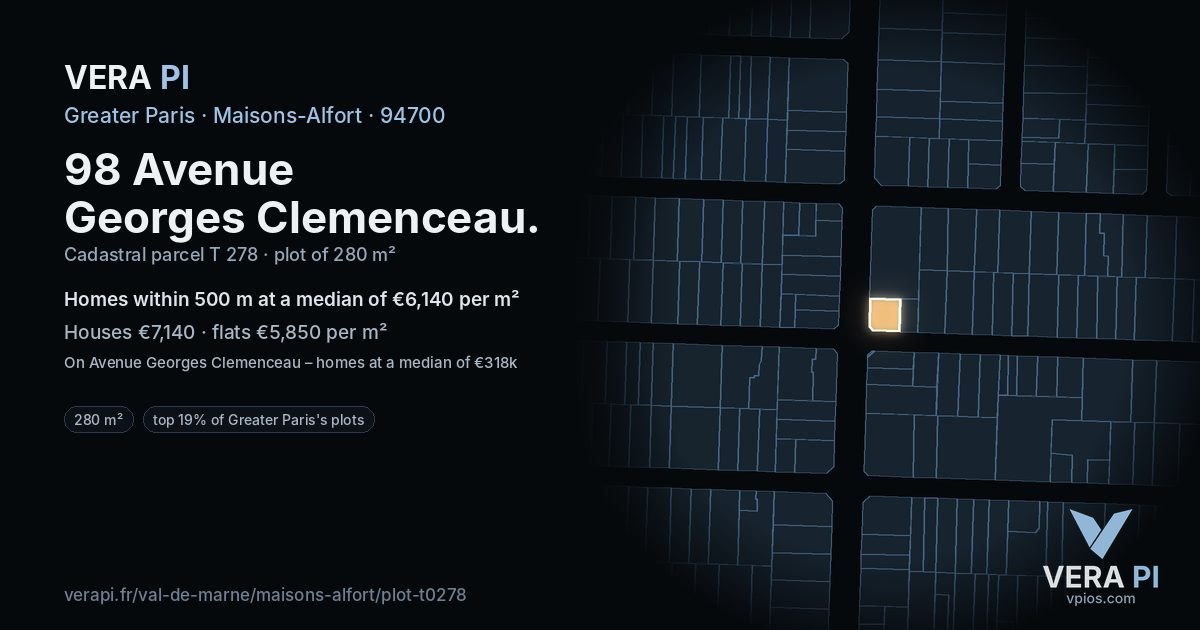 98 Avenue Georges Clemenceau, Maisons-Alfort at night – the plot lit, the parcels around coloured by the prices near them