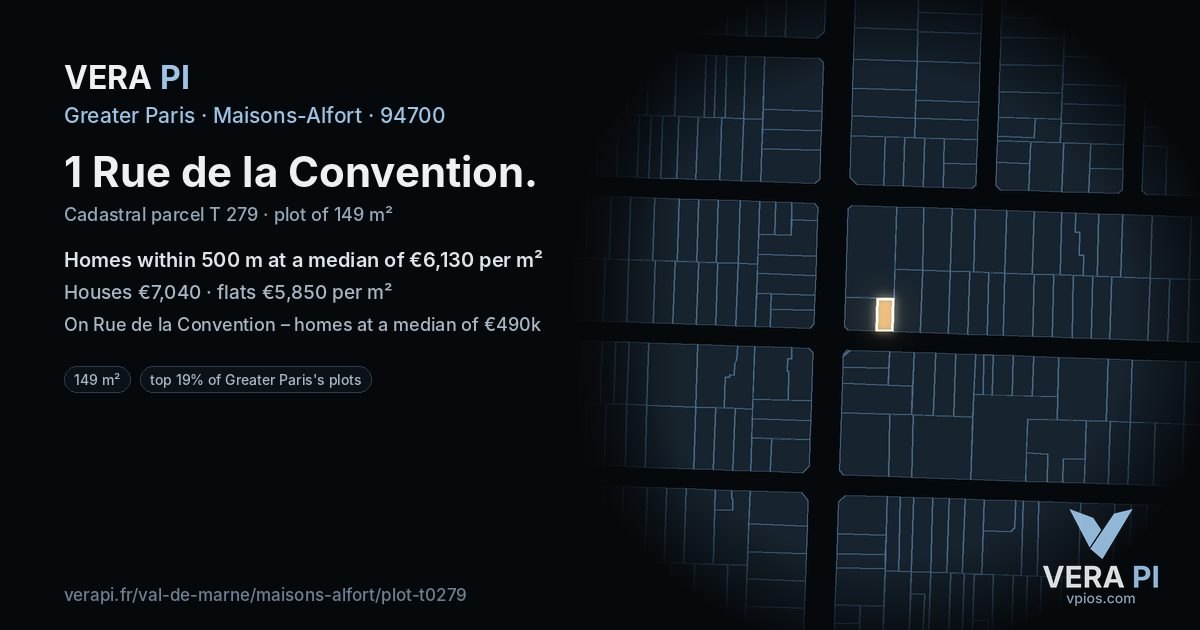 1 Rue de la Convention, Maisons-Alfort at night – the plot lit, the parcels around coloured by the prices near them