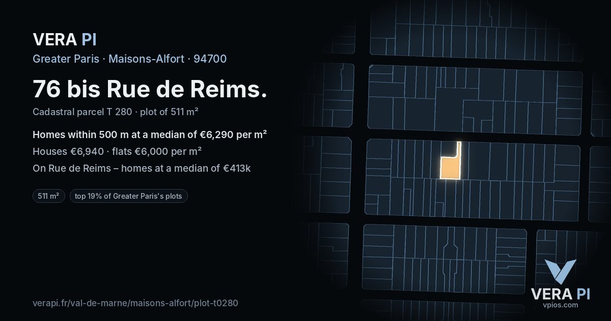 76 bis Rue de Reims, Maisons-Alfort at night – the plot lit, the parcels around coloured by the prices near them
