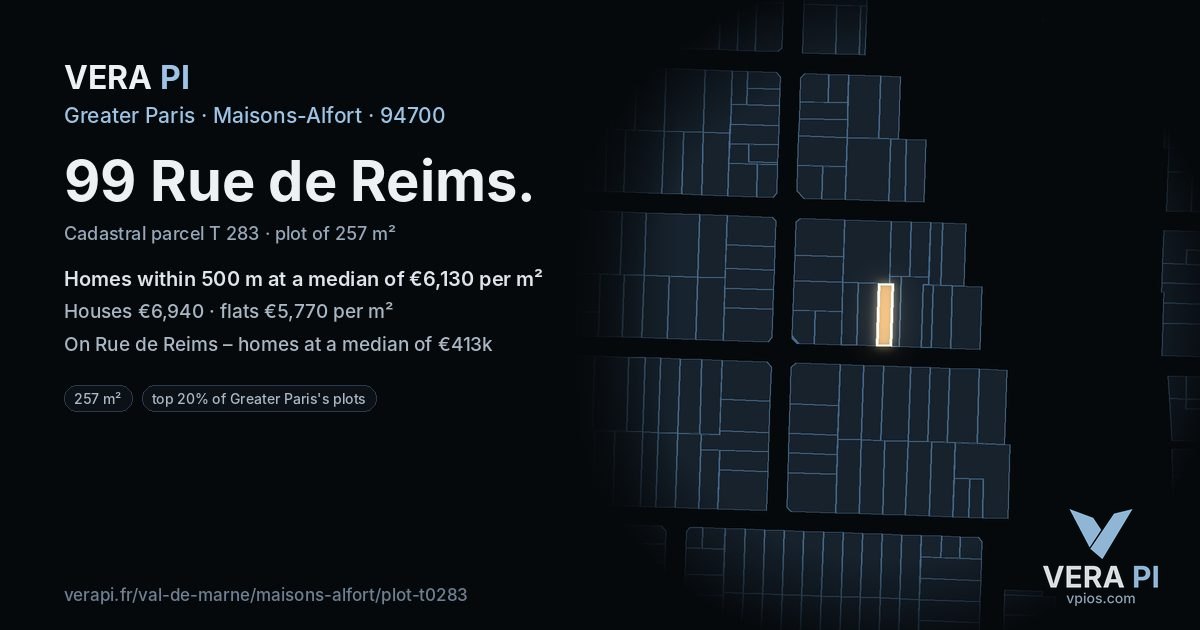 99 Rue de Reims, Maisons-Alfort at night – the plot lit, the parcels around coloured by the prices near them