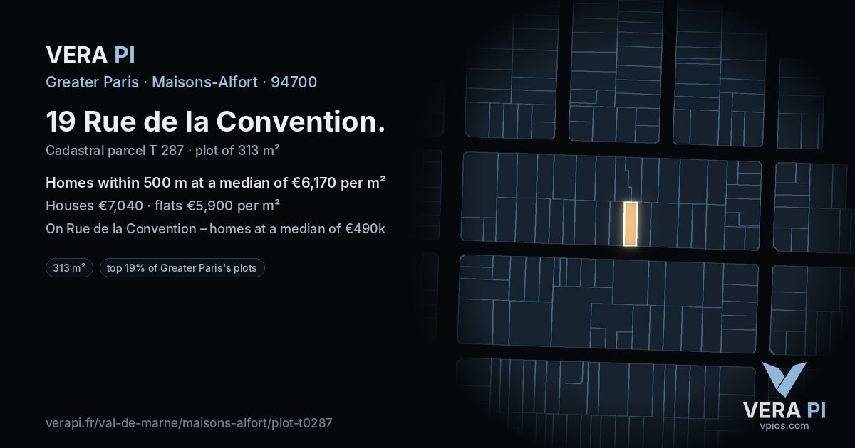 19 Rue de la Convention, Maisons-Alfort at night – the plot lit, the parcels around coloured by the prices near them