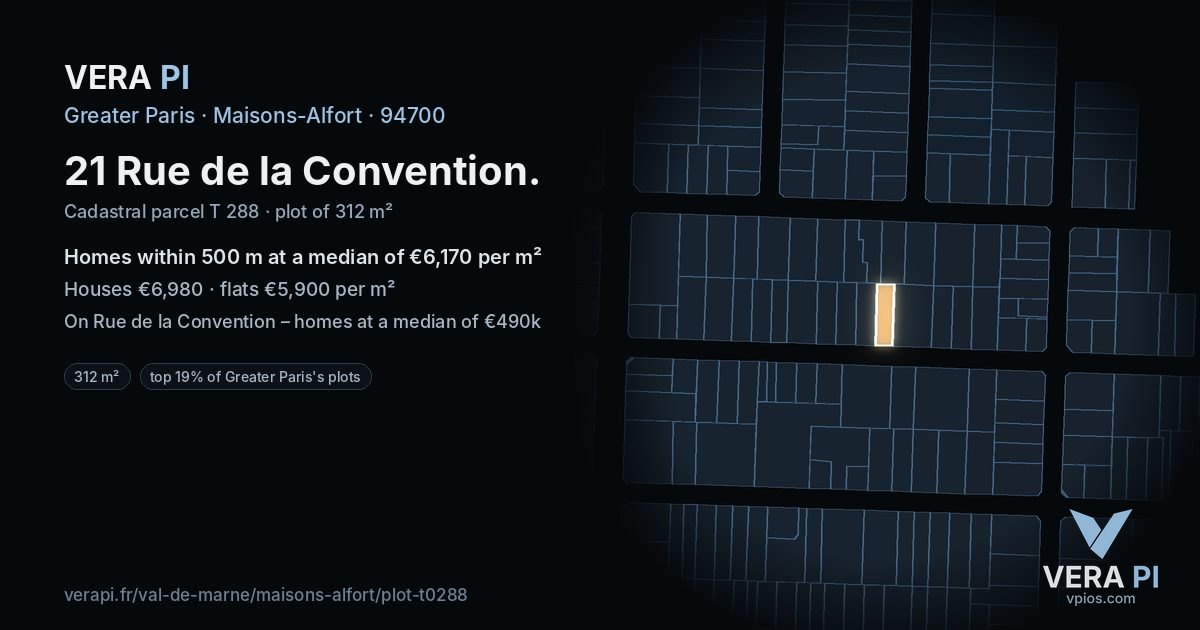 21 Rue de la Convention, Maisons-Alfort at night – the plot lit, the parcels around coloured by the prices near them