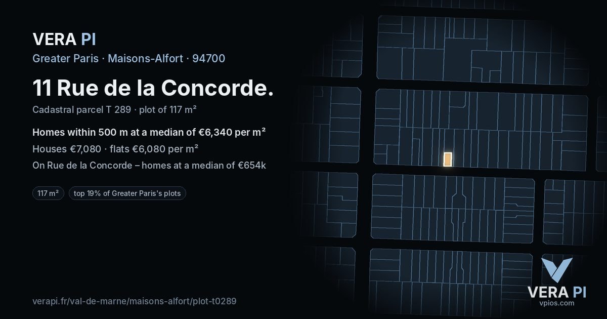 11 Rue de la Concorde, Maisons-Alfort at night – the plot lit, the parcels around coloured by the prices near them