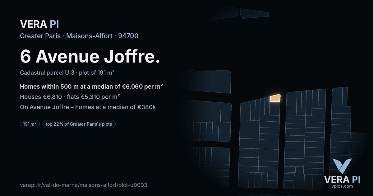 6 Avenue Joffre, Maisons-Alfort at night – the plot lit, the parcels around coloured by the prices near them