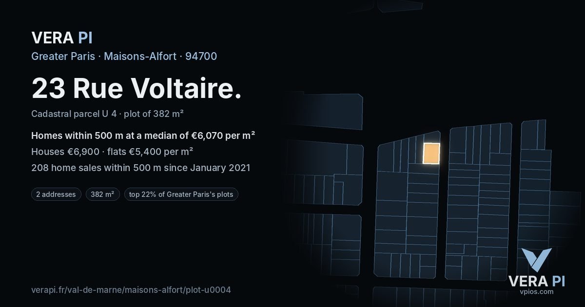 23 Rue Voltaire, Maisons-Alfort at night – the plot lit, the parcels around coloured by the prices near them