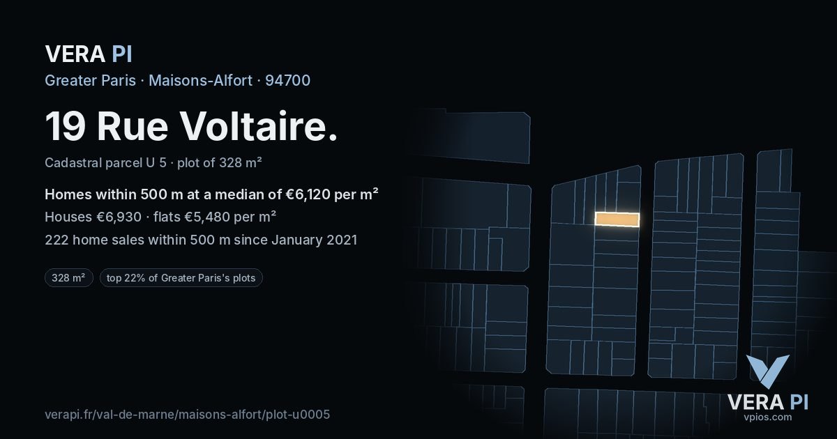 19 Rue Voltaire, Maisons-Alfort at night – the plot lit, the parcels around coloured by the prices near them