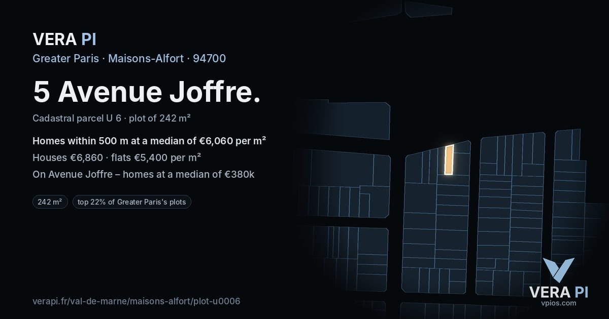 5 Avenue Joffre, Maisons-Alfort at night – the plot lit, the parcels around coloured by the prices near them