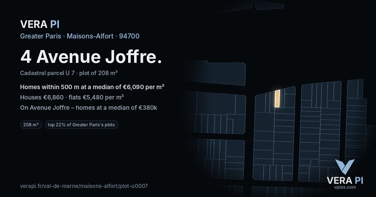4 Avenue Joffre, Maisons-Alfort at night – the plot lit, the parcels around coloured by the prices near them