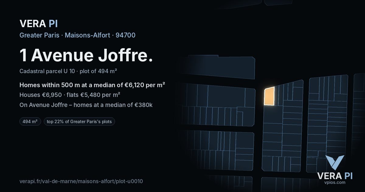 1 Avenue Joffre, Maisons-Alfort at night – the plot lit, the parcels around coloured by the prices near them