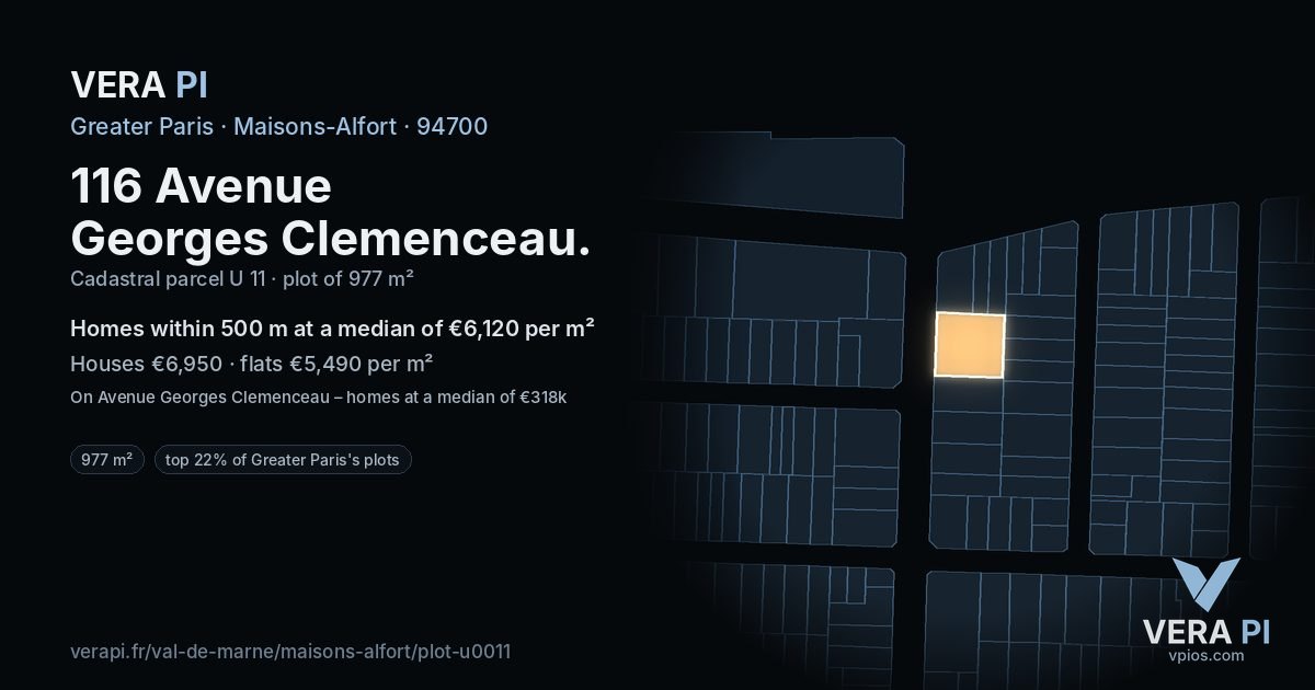 116 Avenue Georges Clemenceau, Maisons-Alfort at night – the plot lit, the parcels around coloured by the prices near them