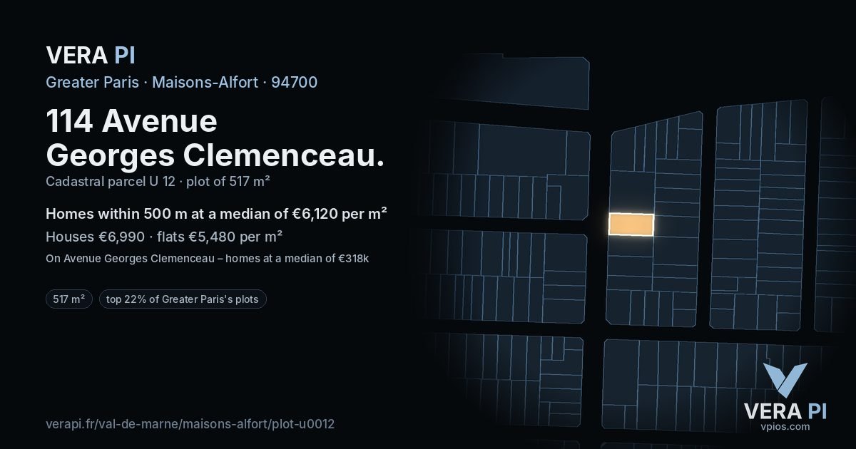 114 Avenue Georges Clemenceau, Maisons-Alfort at night – the plot lit, the parcels around coloured by the prices near them