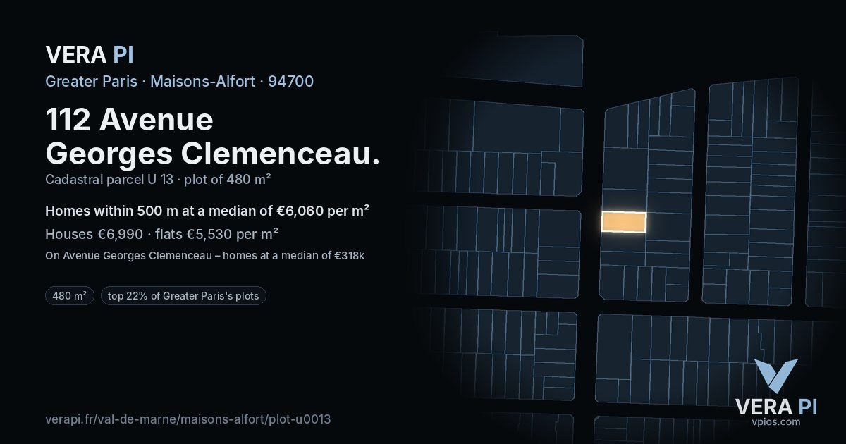 112 Avenue Georges Clemenceau, Maisons-Alfort at night – the plot lit, the parcels around coloured by the prices near them