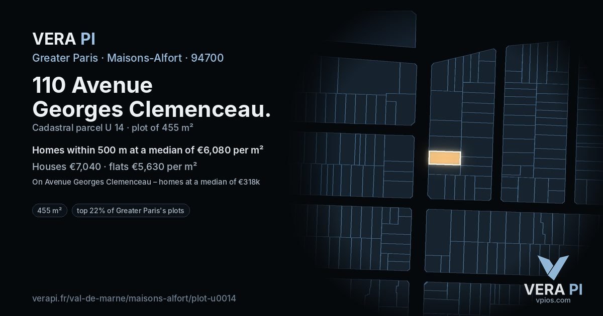 110 Avenue Georges Clemenceau, Maisons-Alfort at night – the plot lit, the parcels around coloured by the prices near them