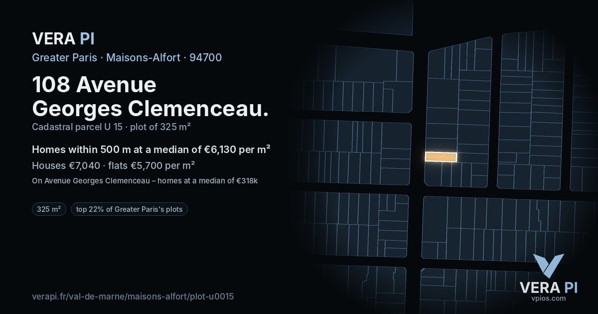 108 Avenue Georges Clemenceau, Maisons-Alfort at night – the plot lit, the parcels around coloured by the prices near them