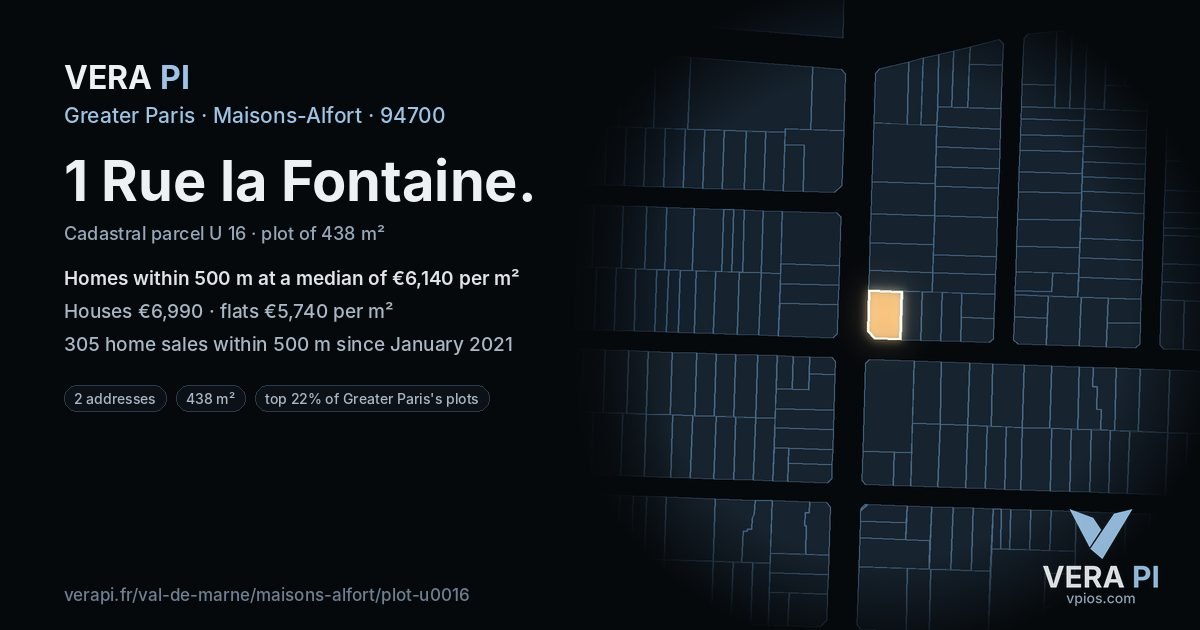 1 Rue la Fontaine, Maisons-Alfort at night – the plot lit, the parcels around coloured by the prices near them