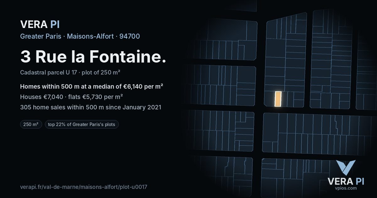 3 Rue la Fontaine, Maisons-Alfort at night – the plot lit, the parcels around coloured by the prices near them