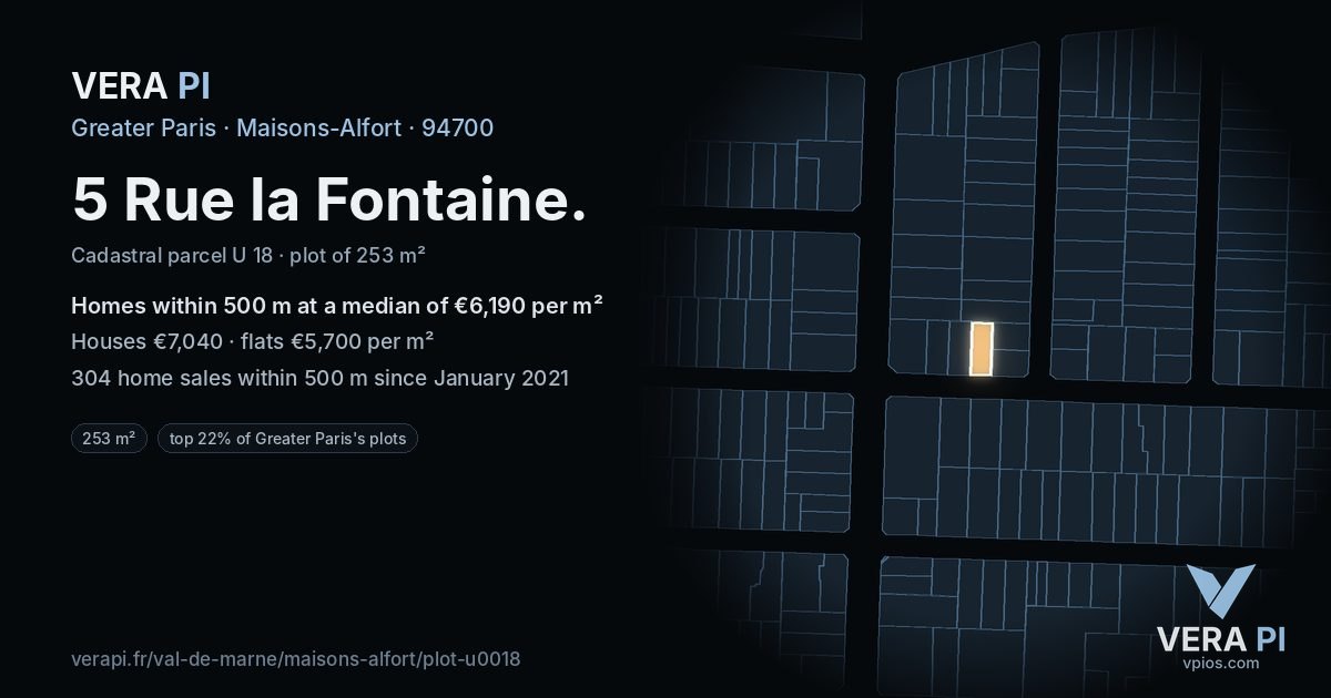 5 Rue la Fontaine, Maisons-Alfort at night – the plot lit, the parcels around coloured by the prices near them