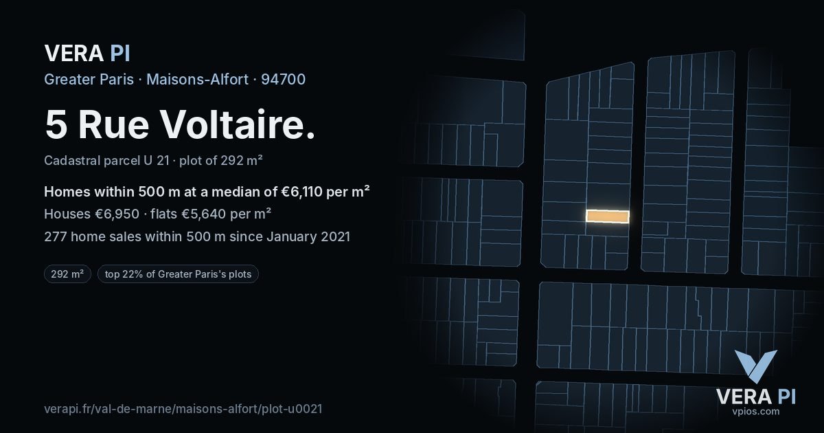 5 Rue Voltaire, Maisons-Alfort at night – the plot lit, the parcels around coloured by the prices near them