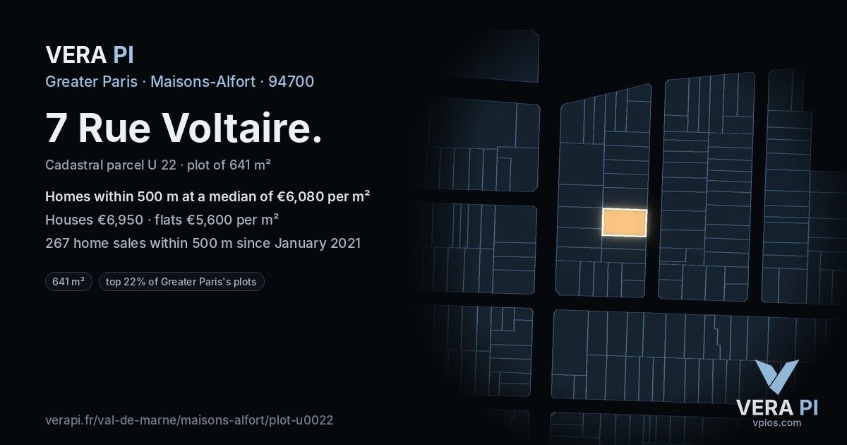 7 Rue Voltaire, Maisons-Alfort at night – the plot lit, the parcels around coloured by the prices near them