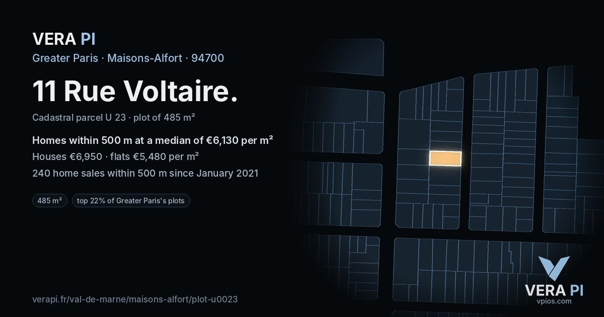 11 Rue Voltaire, Maisons-Alfort at night – the plot lit, the parcels around coloured by the prices near them