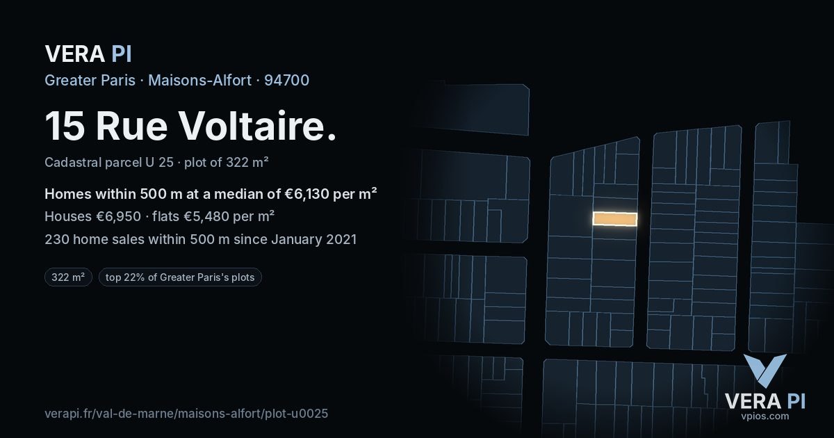 15 Rue Voltaire, Maisons-Alfort at night – the plot lit, the parcels around coloured by the prices near them