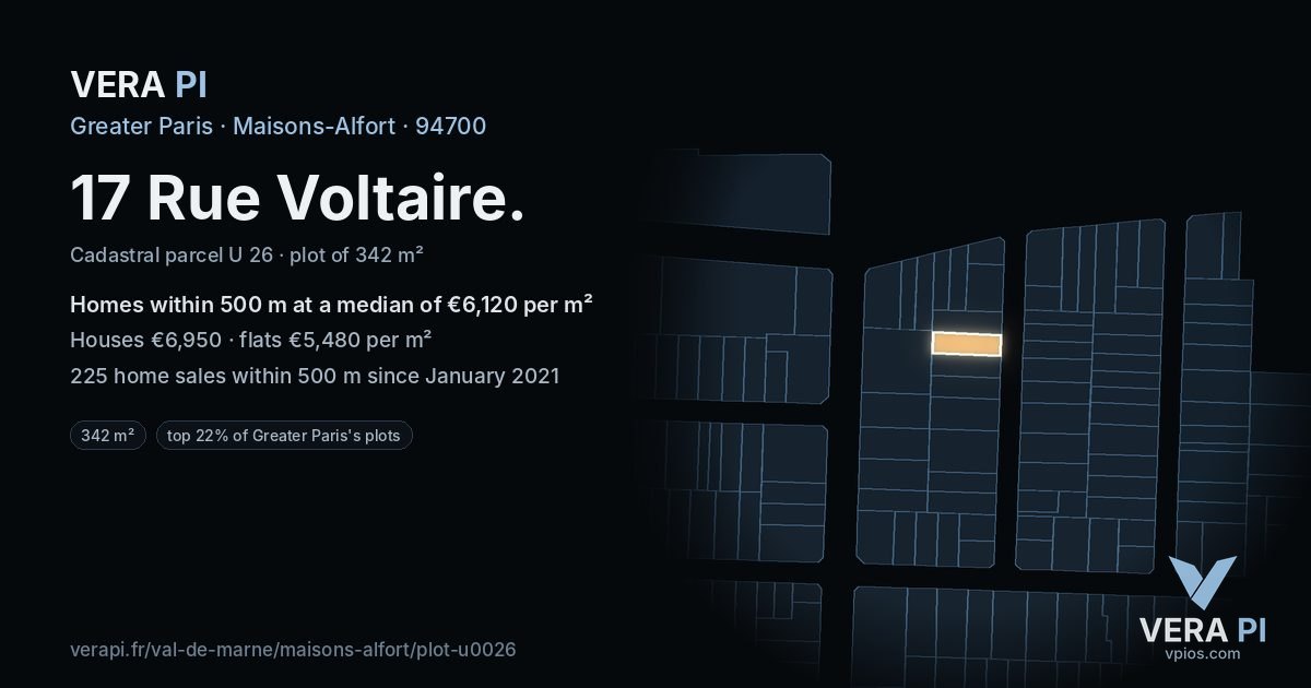 17 Rue Voltaire, Maisons-Alfort at night – the plot lit, the parcels around coloured by the prices near them
