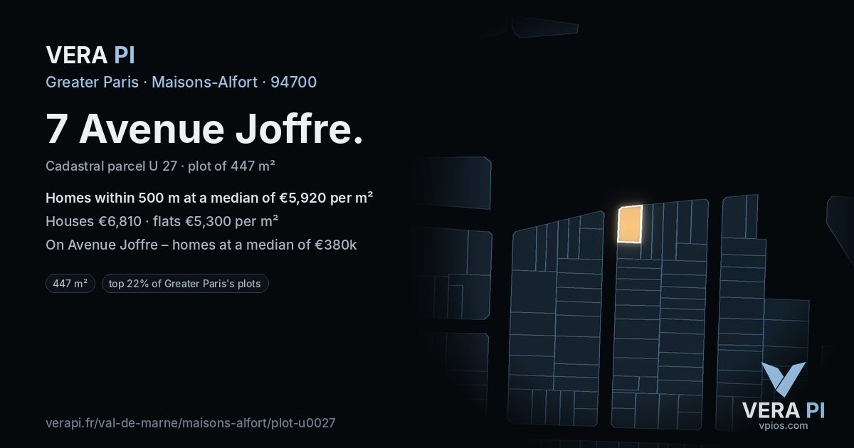 7 Avenue Joffre, Maisons-Alfort at night – the plot lit, the parcels around coloured by the prices near them