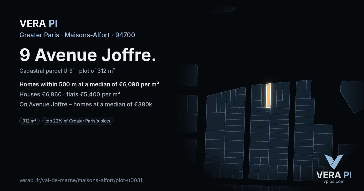 9 Avenue Joffre, Maisons-Alfort at night – the plot lit, the parcels around coloured by the prices near them