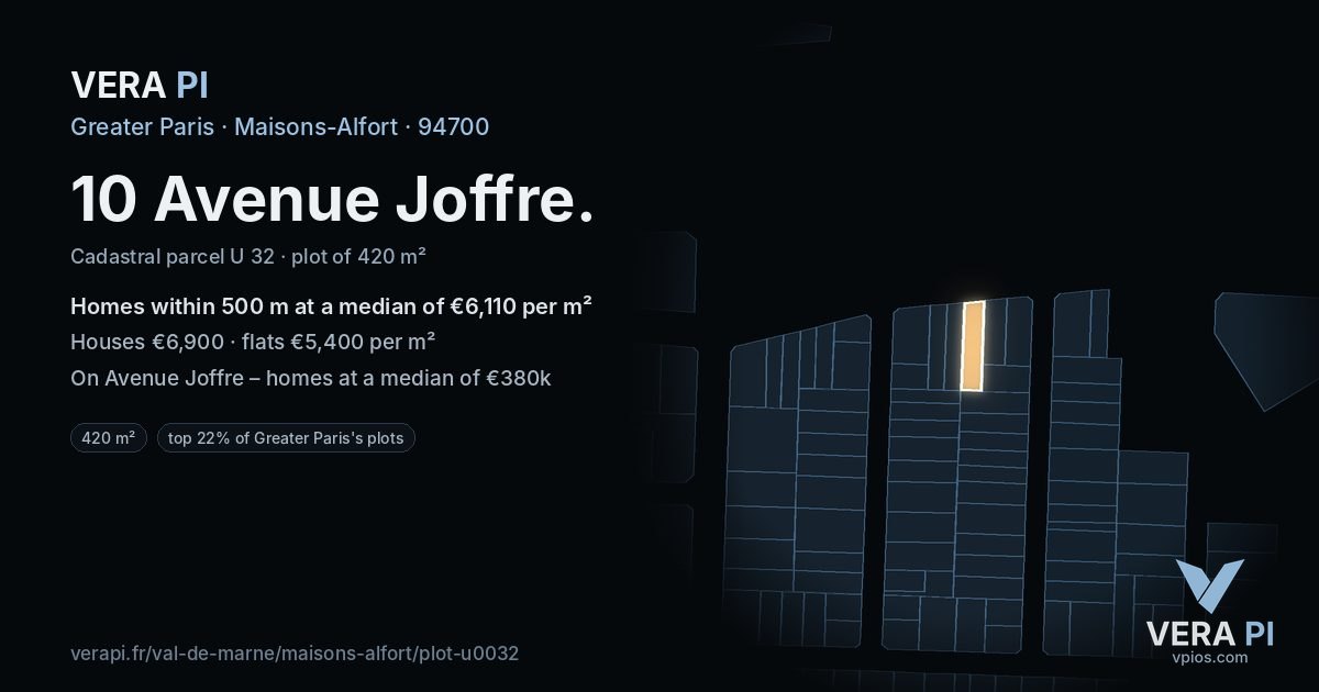 10 Avenue Joffre, Maisons-Alfort at night – the plot lit, the parcels around coloured by the prices near them