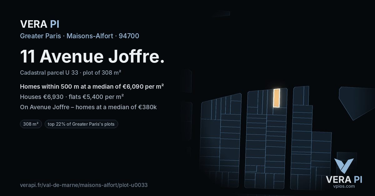 11 Avenue Joffre, Maisons-Alfort at night – the plot lit, the parcels around coloured by the prices near them