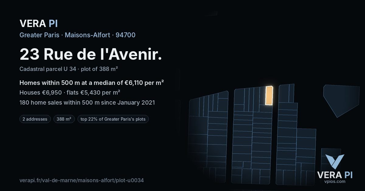 23 Rue de l'Avenir, Maisons-Alfort at night – the plot lit, the parcels around coloured by the prices near them
