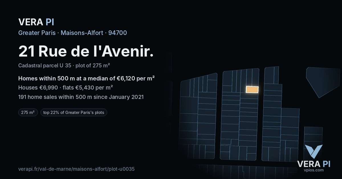 21 Rue de l'Avenir, Maisons-Alfort at night – the plot lit, the parcels around coloured by the prices near them