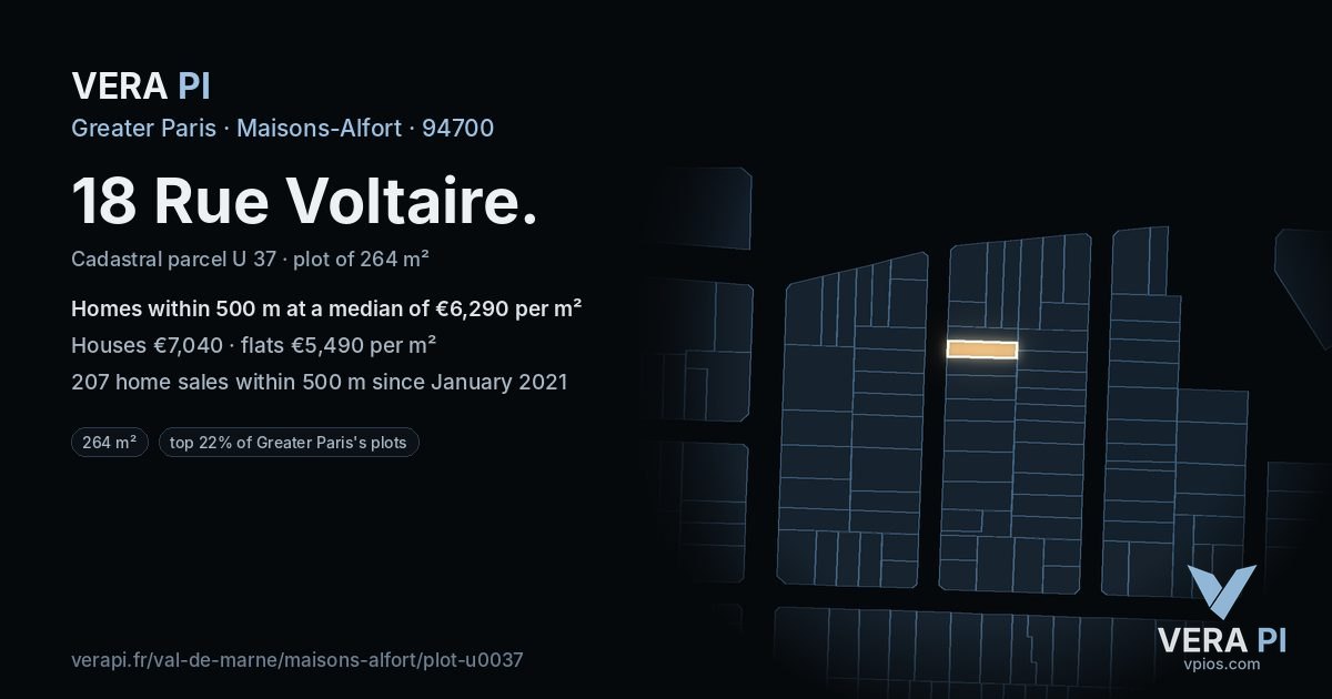 18 Rue Voltaire, Maisons-Alfort at night – the plot lit, the parcels around coloured by the prices near them