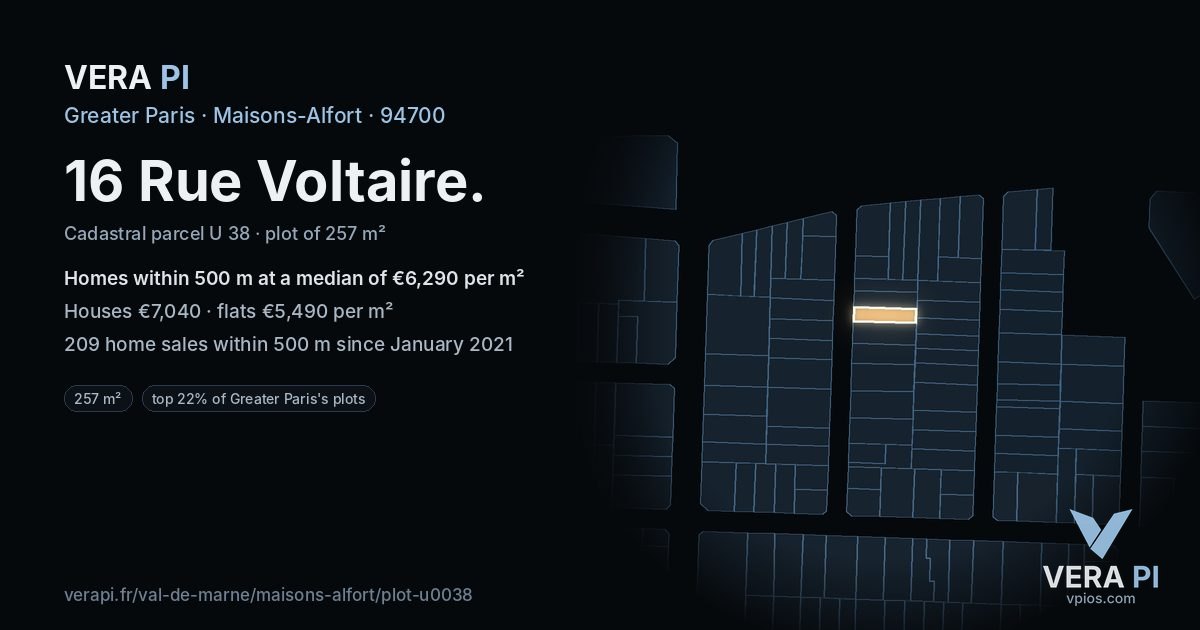 16 Rue Voltaire, Maisons-Alfort at night – the plot lit, the parcels around coloured by the prices near them