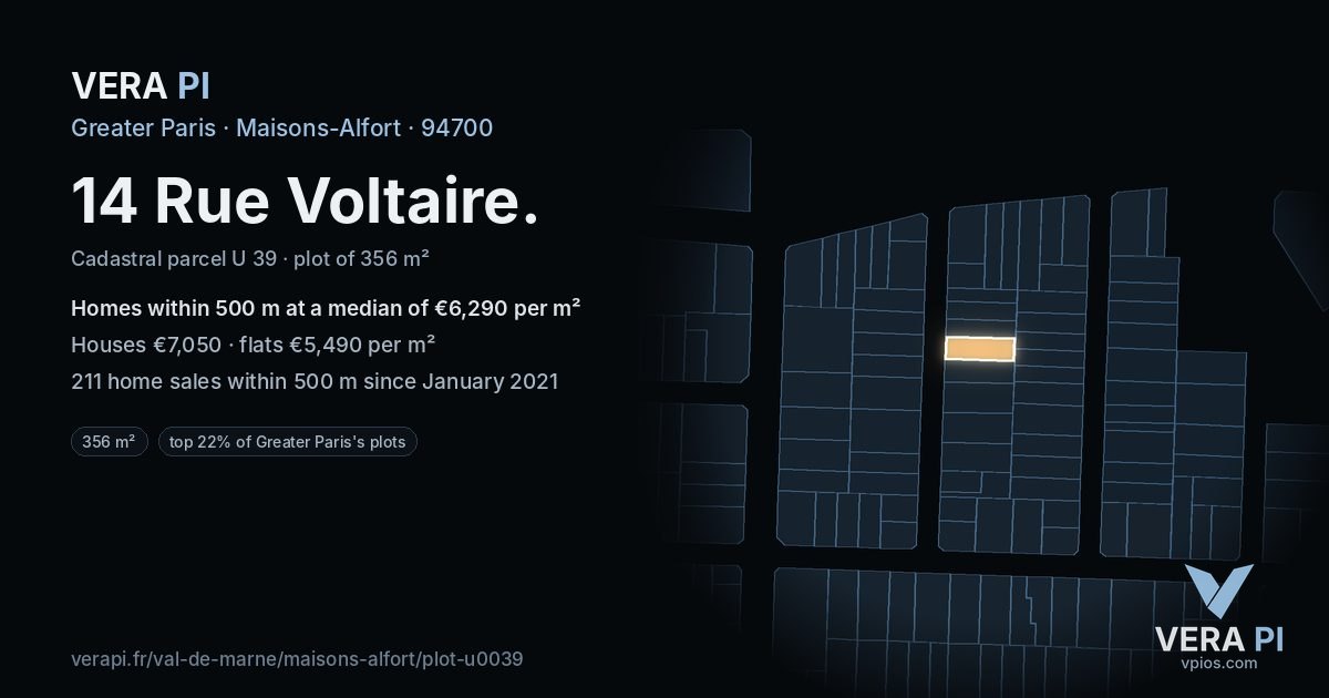 14 Rue Voltaire, Maisons-Alfort at night – the plot lit, the parcels around coloured by the prices near them