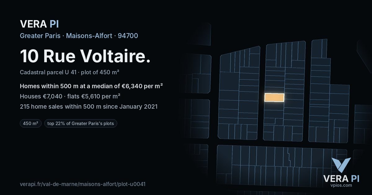 10 Rue Voltaire, Maisons-Alfort at night – the plot lit, the parcels around coloured by the prices near them