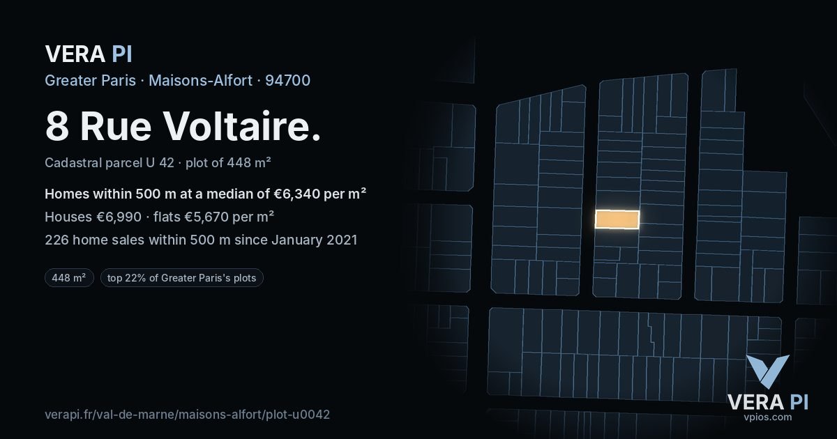 8 Rue Voltaire, Maisons-Alfort at night – the plot lit, the parcels around coloured by the prices near them