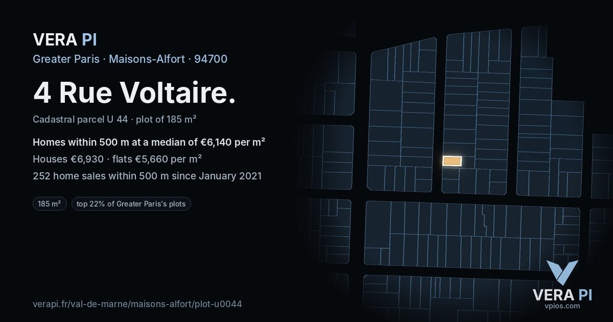 4 Rue Voltaire, Maisons-Alfort at night – the plot lit, the parcels around coloured by the prices near them