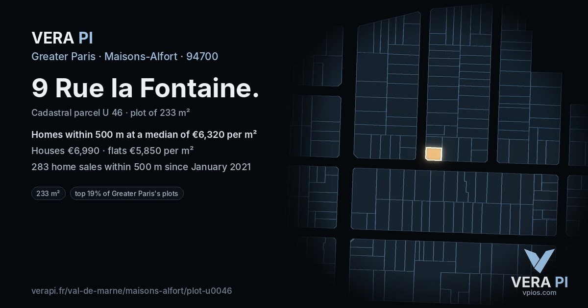 9 Rue la Fontaine, Maisons-Alfort at night – the plot lit, the parcels around coloured by the prices near them