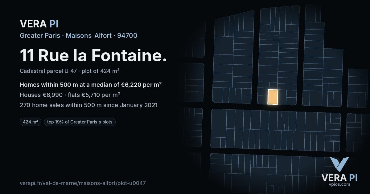 11 Rue la Fontaine, Maisons-Alfort at night – the plot lit, the parcels around coloured by the prices near them