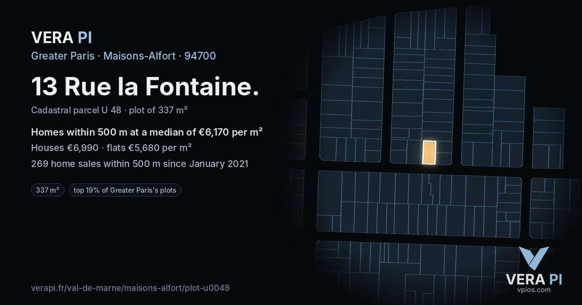 13 Rue la Fontaine, Maisons-Alfort at night – the plot lit, the parcels around coloured by the prices near them