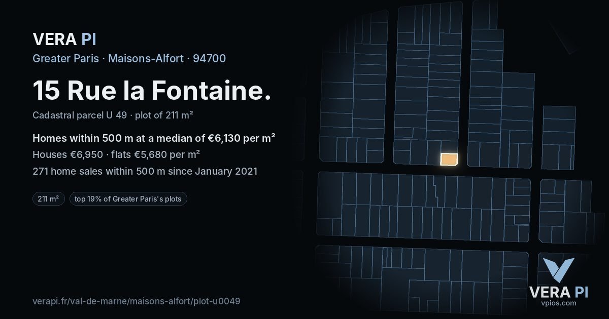 15 Rue la Fontaine, Maisons-Alfort at night – the plot lit, the parcels around coloured by the prices near them