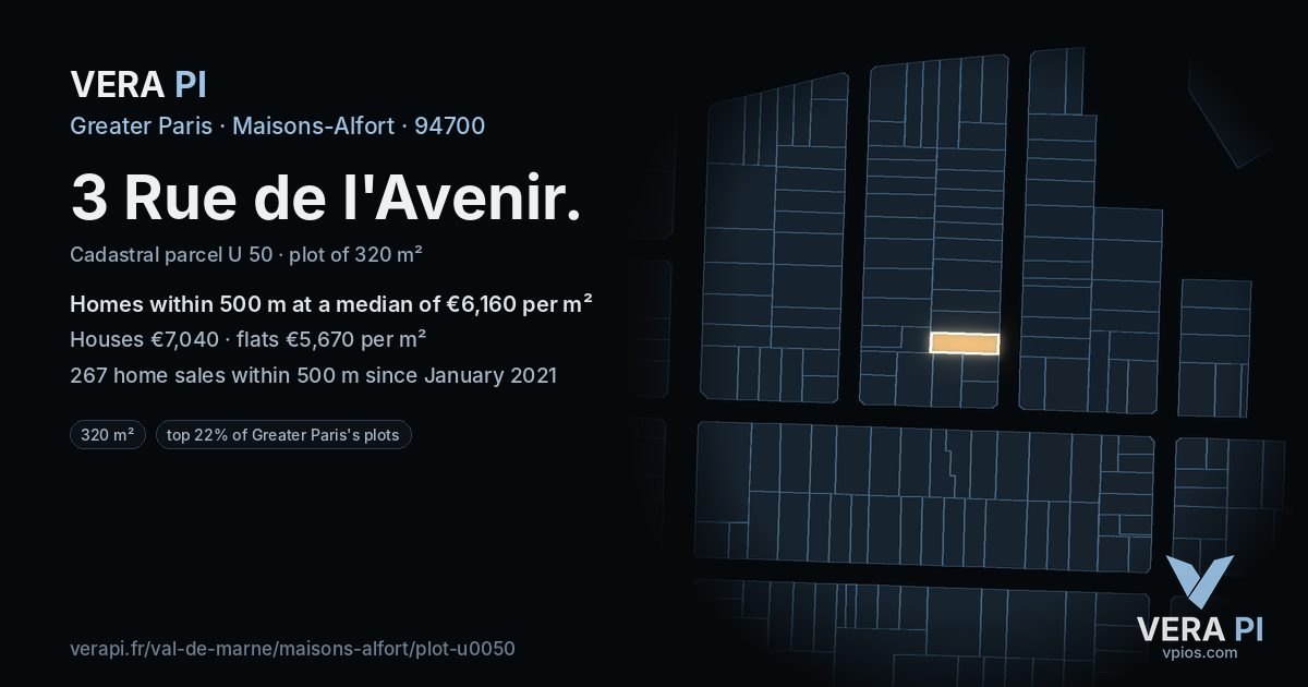 3 Rue de l'Avenir, Maisons-Alfort at night – the plot lit, the parcels around coloured by the prices near them