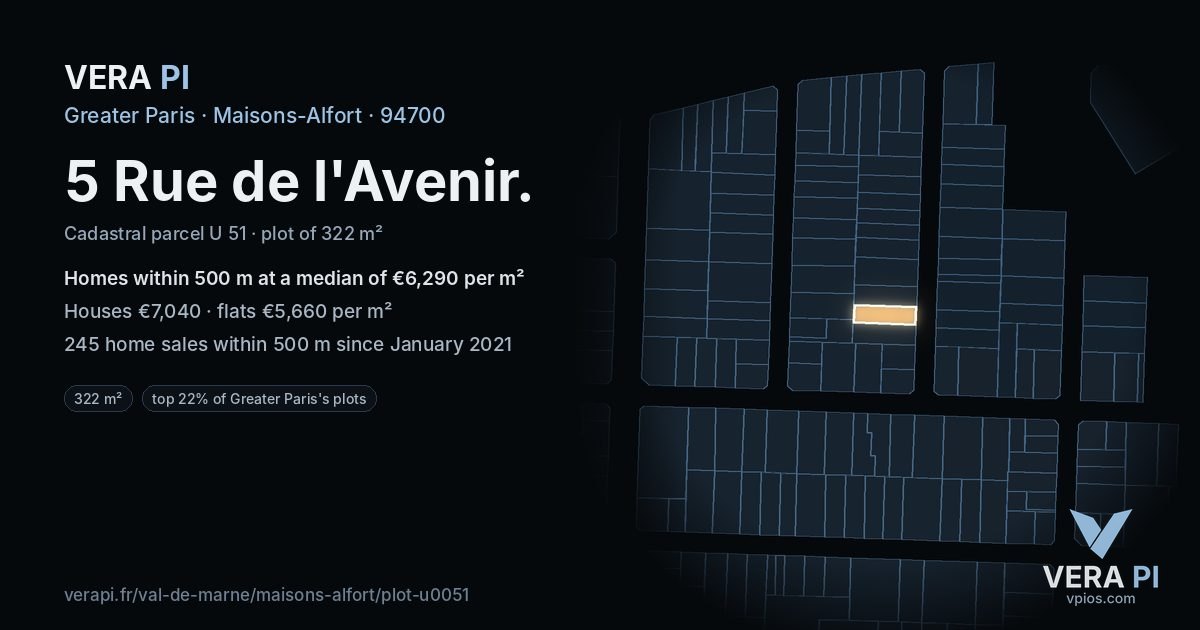 5 Rue de l'Avenir, Maisons-Alfort at night – the plot lit, the parcels around coloured by the prices near them