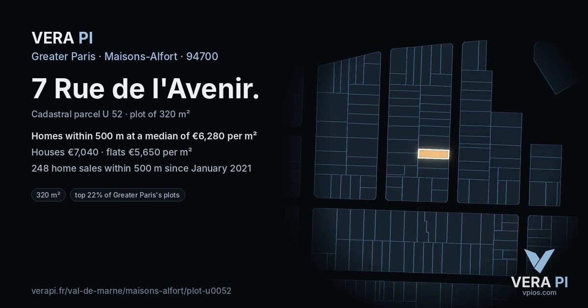 7 Rue de l'Avenir, Maisons-Alfort at night – the plot lit, the parcels around coloured by the prices near them