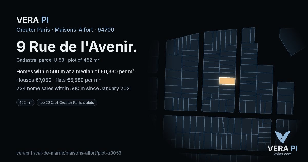 9 Rue de l'Avenir, Maisons-Alfort at night – the plot lit, the parcels around coloured by the prices near them