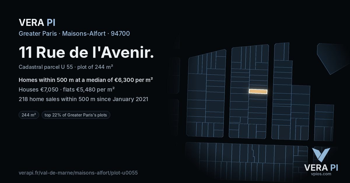 11 Rue de l'Avenir, Maisons-Alfort at night – the plot lit, the parcels around coloured by the prices near them