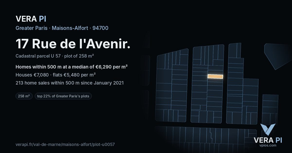 17 Rue de l'Avenir, Maisons-Alfort at night – the plot lit, the parcels around coloured by the prices near them